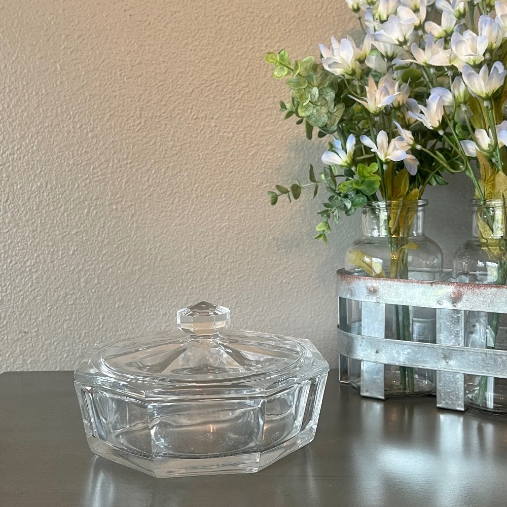 Vintage Indiana Glass Octagon Divided Dish with Lid-Clear Glass-2.5" Tall